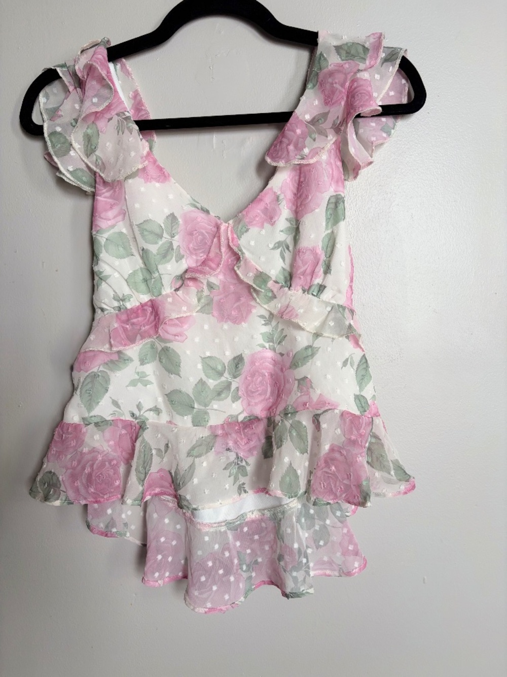 Dimple Dot Pink & White Flowy Floral Sleeveless Feminine Babydoll Women’s Blouse